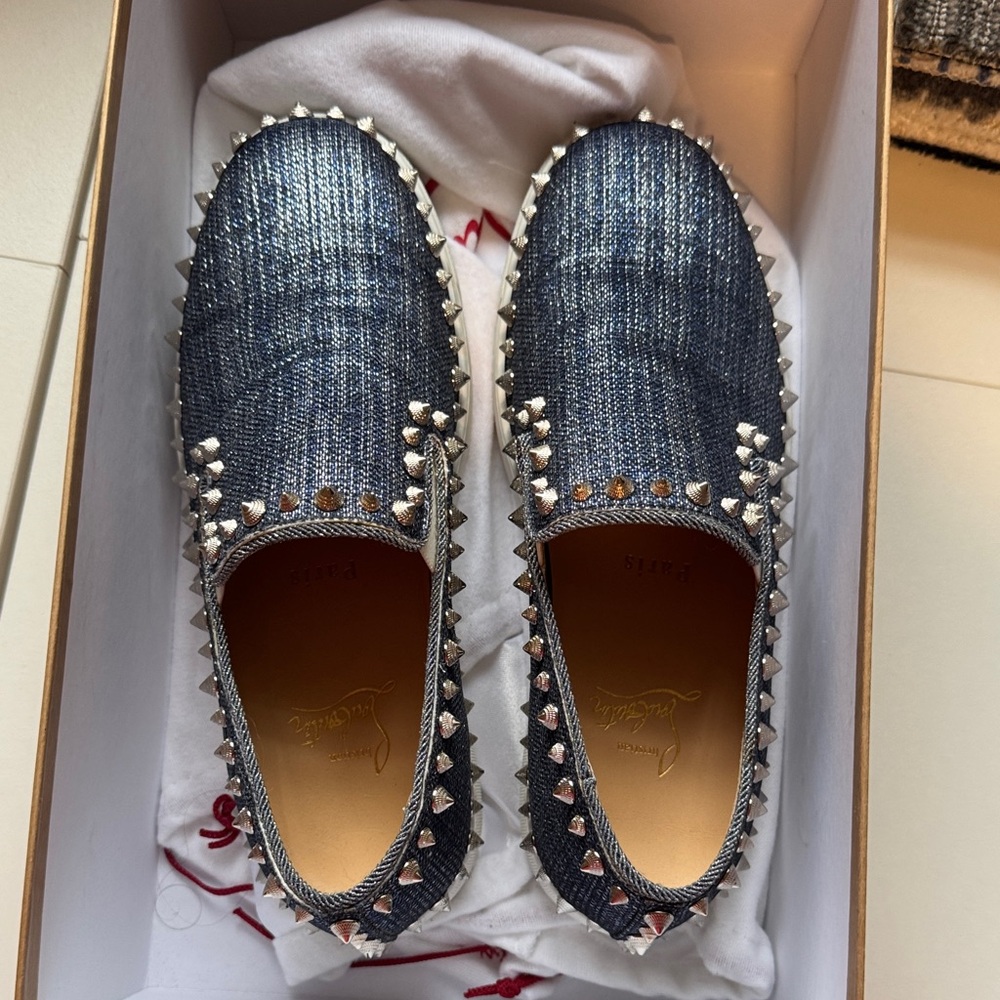 Christian Louboutin slip on sneaker Metallic denim material with spiky studs